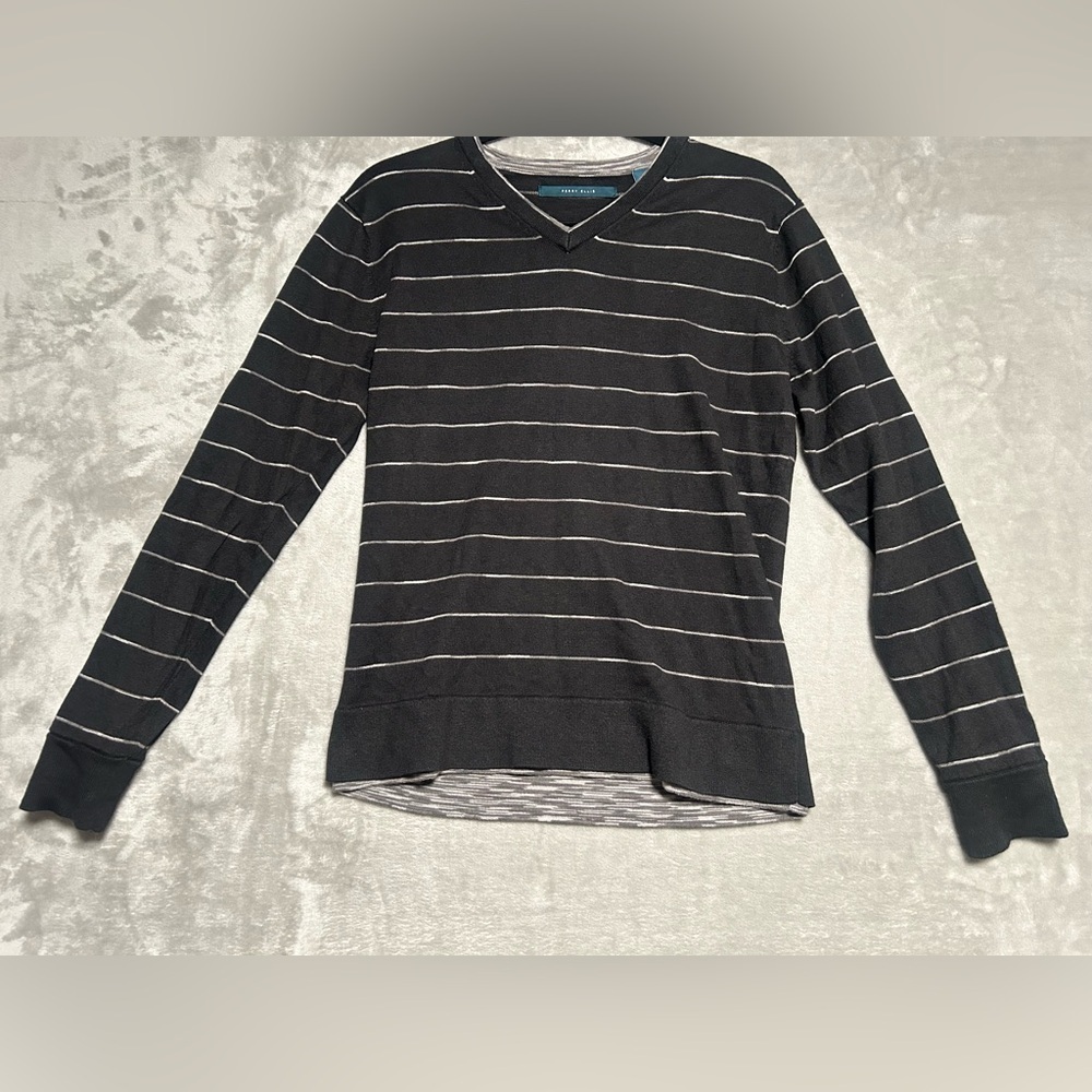 Perry Ellis Linen Blend V Neck Sweater Mens Small Stripe Black Office